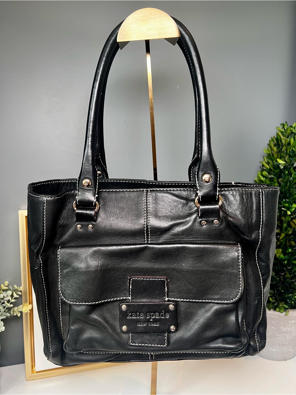 Kate Spade Front Pocket Quinn Tote in Black Leather with COA